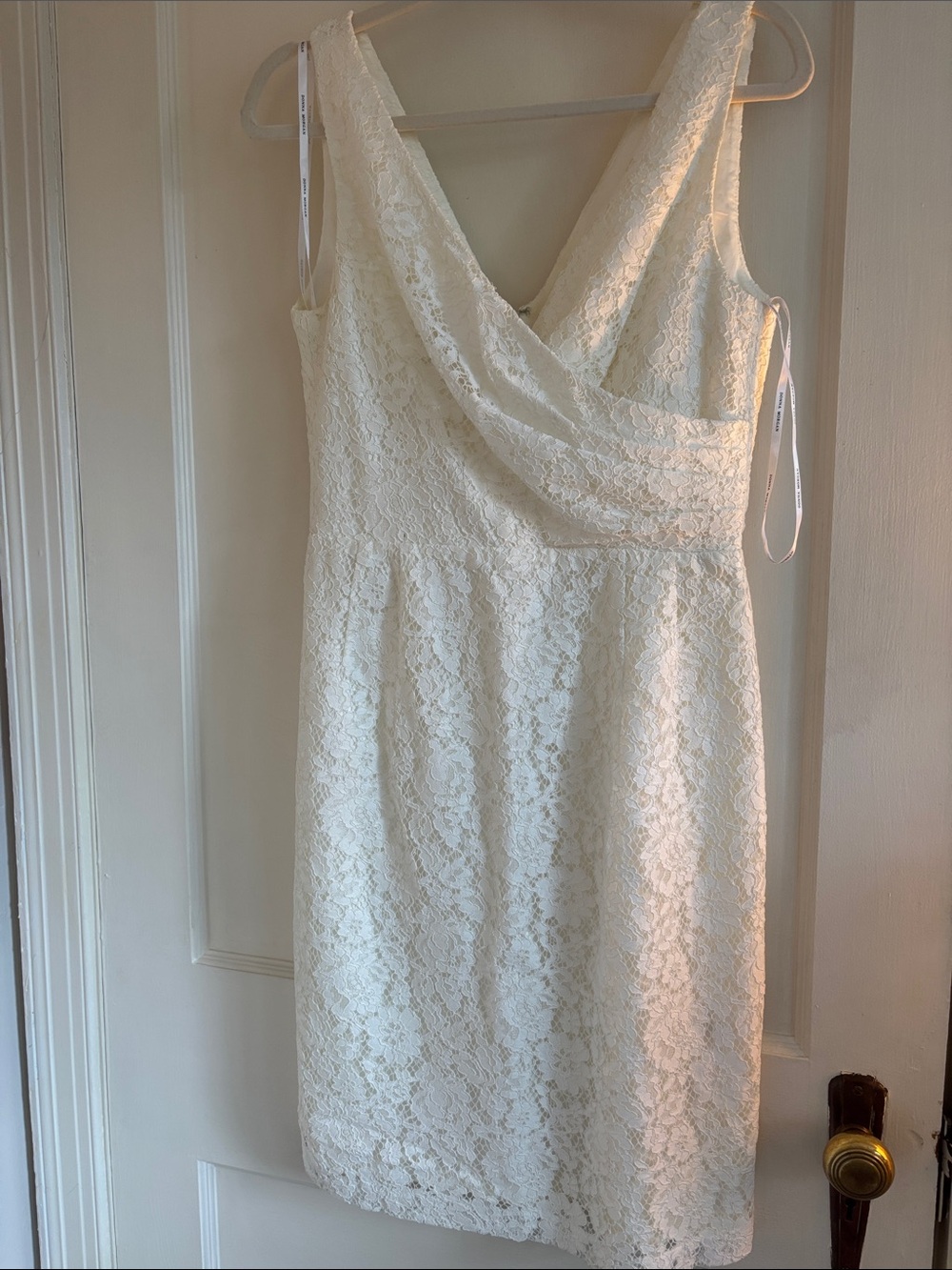 Sleeveless Ivory Lace Midi Dress with Draped V-Neck